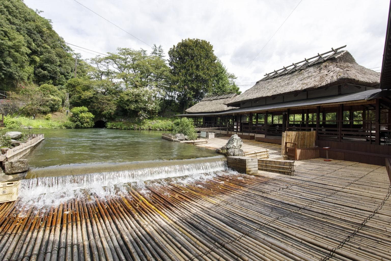 緑に囲まれた水辺と木造の建物