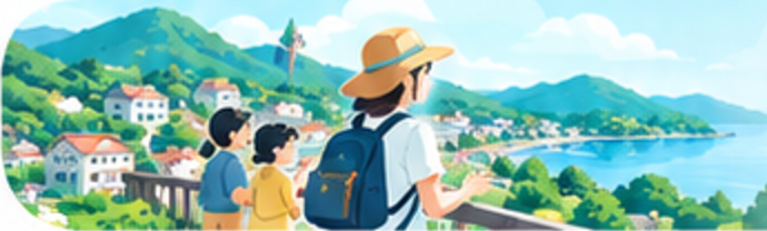 まちを見渡す家族のイラスト